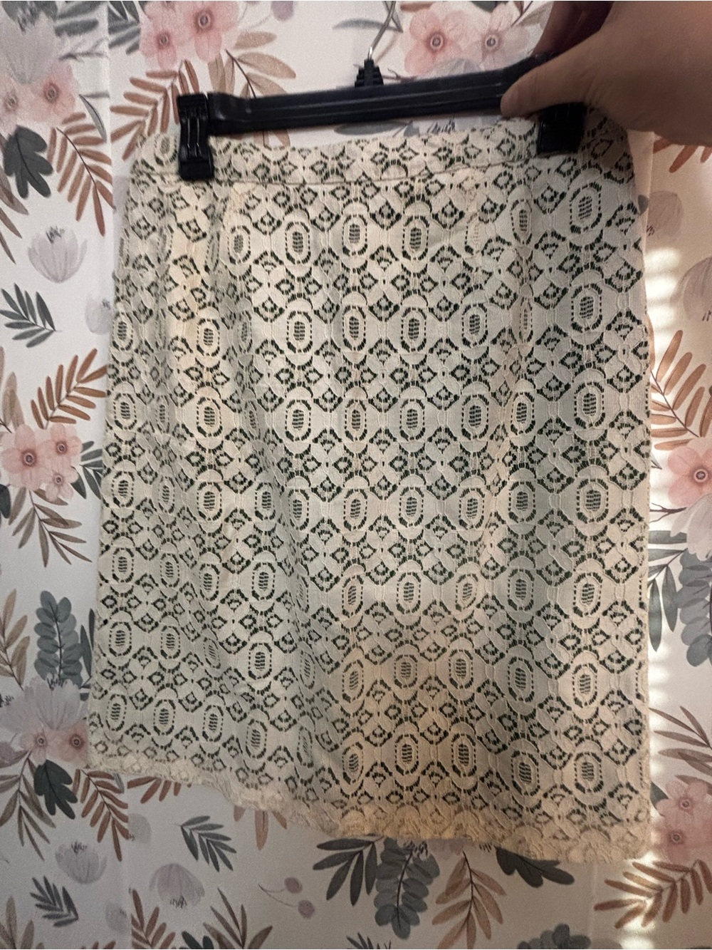 Anthropologie Cream/Green Lace Midi Skirt with Scalloped Hem